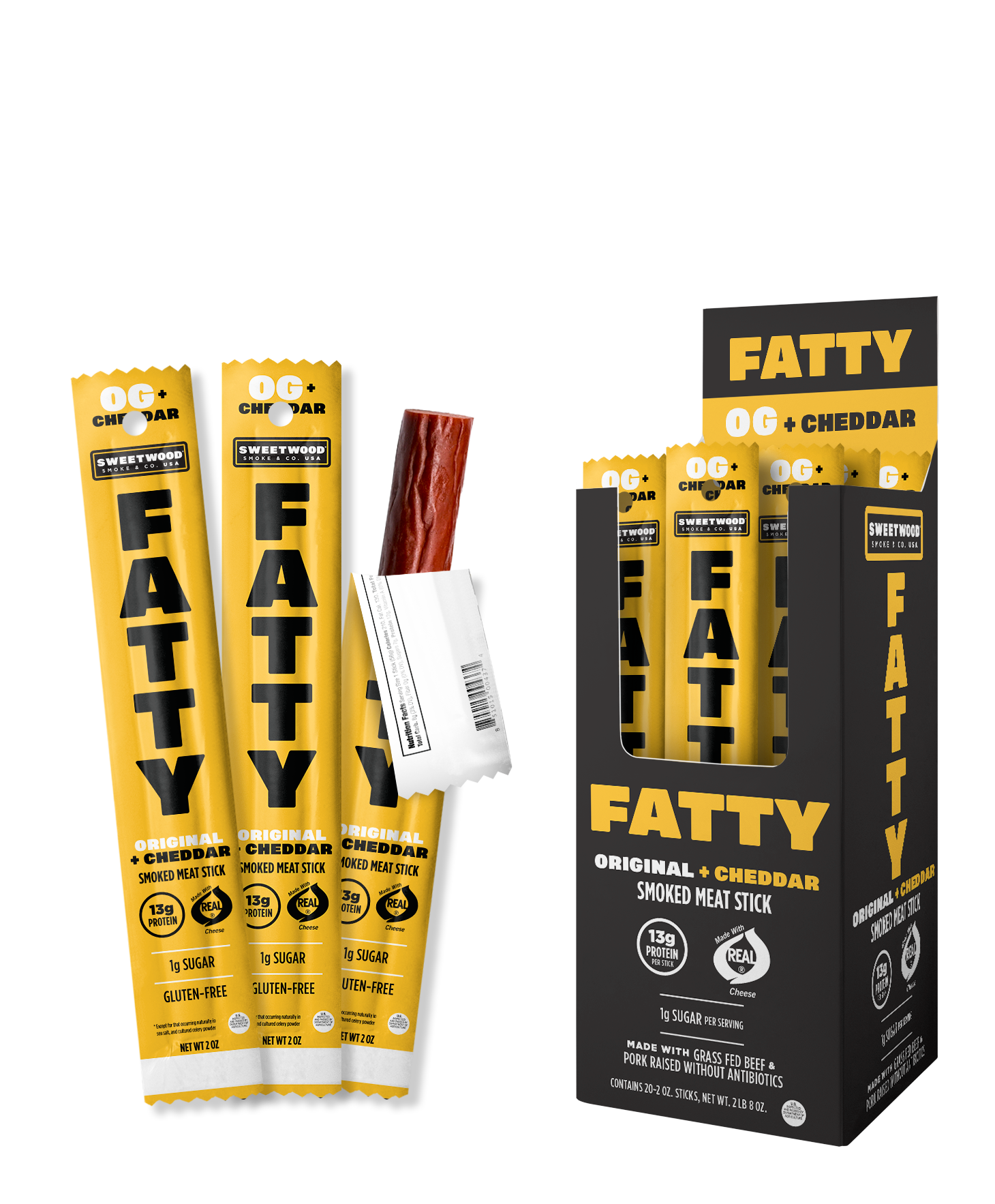 Fatty Meat stick with Cheddar with packaging box, includes individual packaging shots