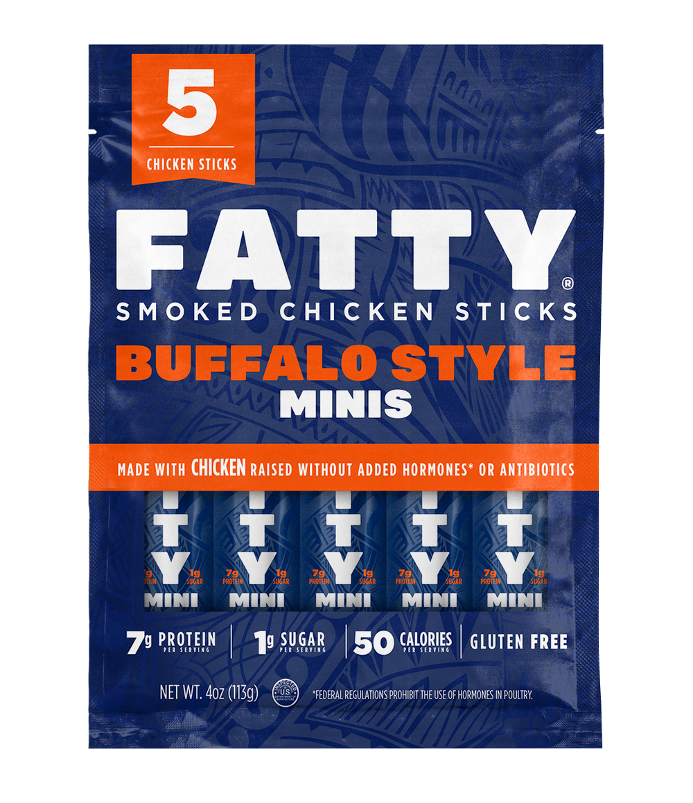 Packaging for FATTY Smoked Chicken Sticks in Buffalo Style. The box displays the product name, the number of chicken sticks, and additional product details such as 'made with chicken raised without added hormones or antibiotics', '7g protein', '1g sugar', '50mg sodium', and 'gluten free'.