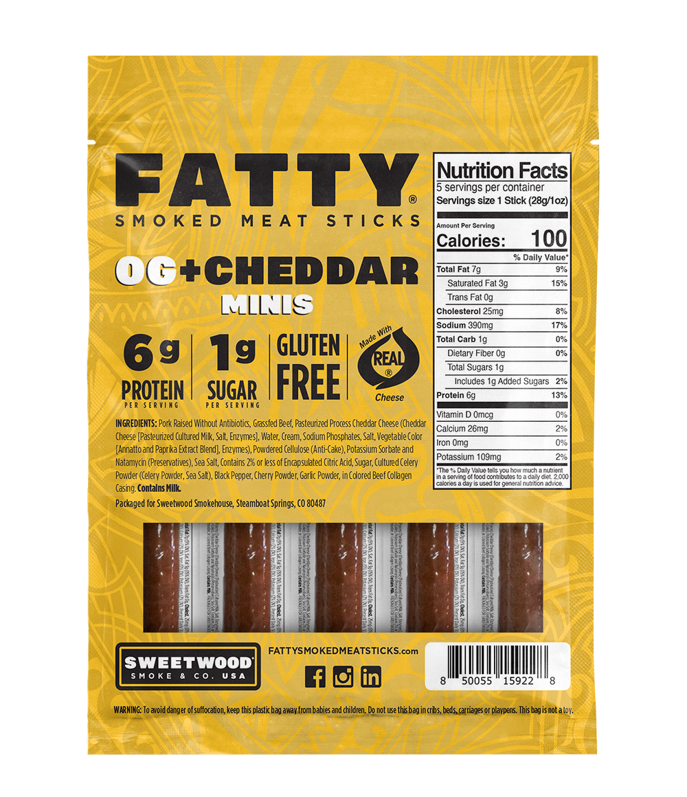 Packaging of FATTY Smoked Meat Sticks OG + Cheddar with five 1 oz. sticks, featuring images of the meat sticks and text describing the product as gluten-free and made with grass-fed beef and pork.