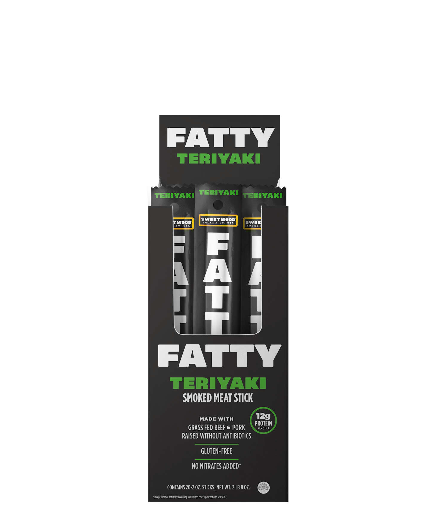 Fatty meta stick packaging box being shown for teriyaki flavor